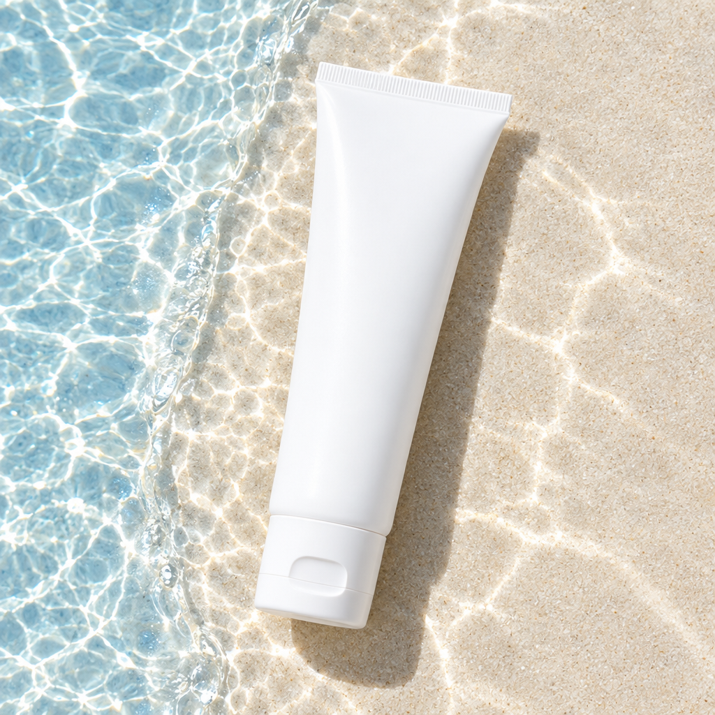 Lightweight facial sunscreen beside clear water
